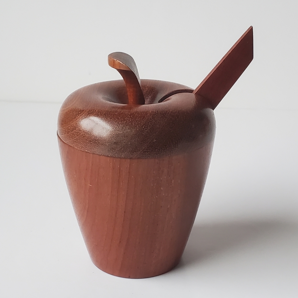 Vintage Turned Wood Apple Container Tea Caddy With Lid And Wooden Knife EUC